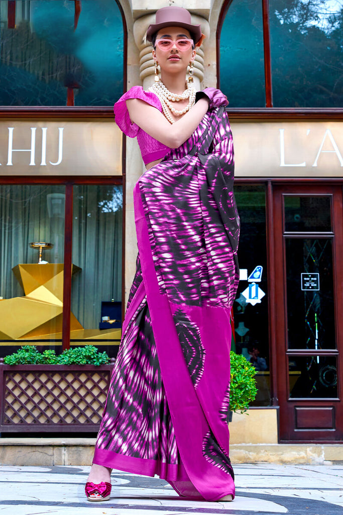 Magenta Pink Printed Satin Silk Saree