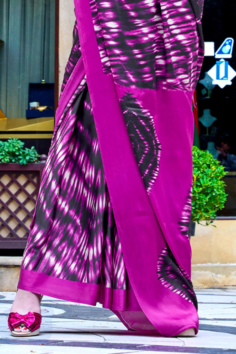 Magenta Pink Printed Satin Silk Saree