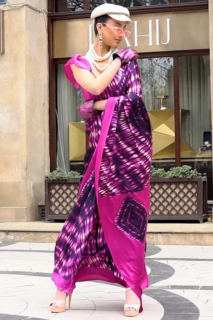 Magenta Pink Printed Satin Silk Saree