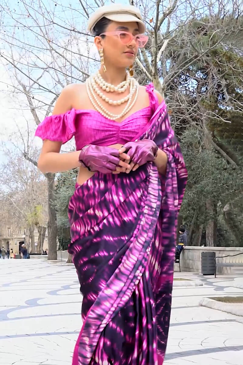 Magenta Pink Printed Satin Silk Saree