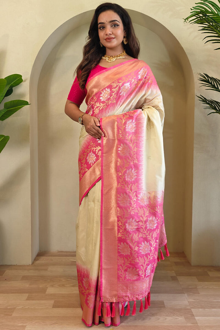 Maize Beige Banarasi Silk Saree with Designer Chaap Border