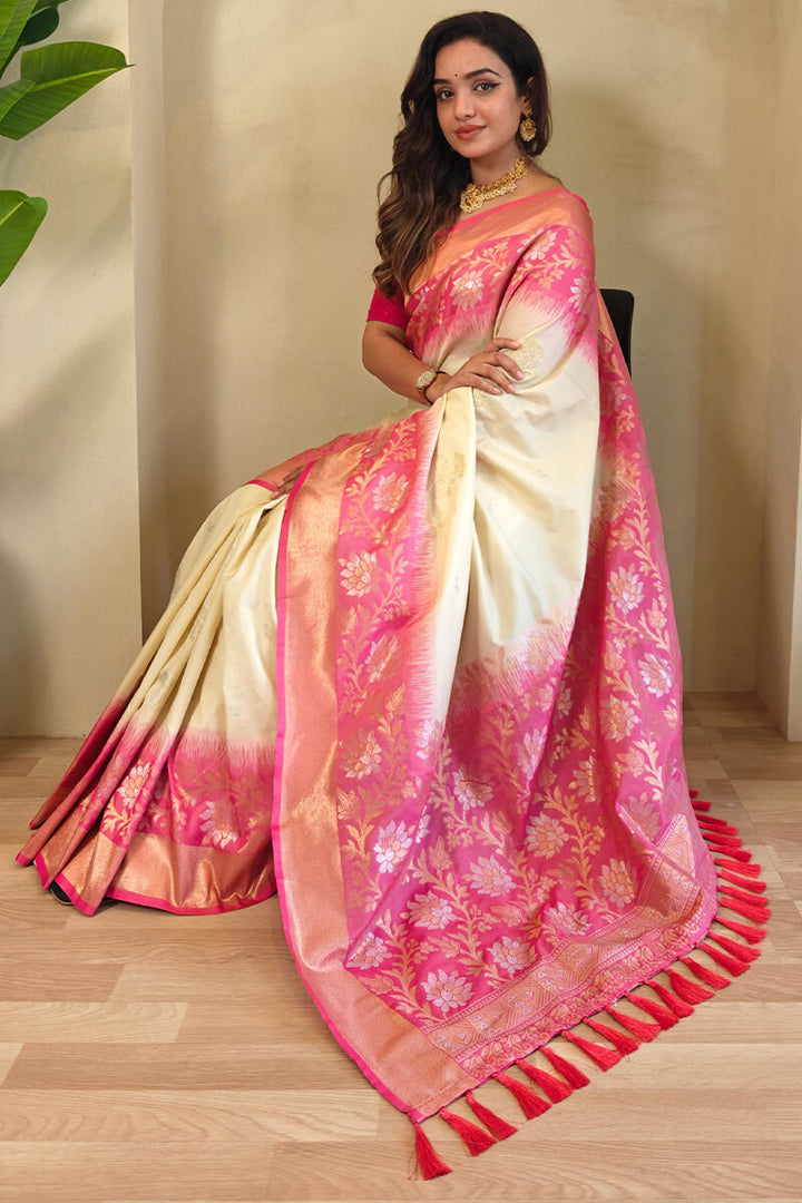 Maize Beige Banarasi Silk Saree with Designer Chaap Border