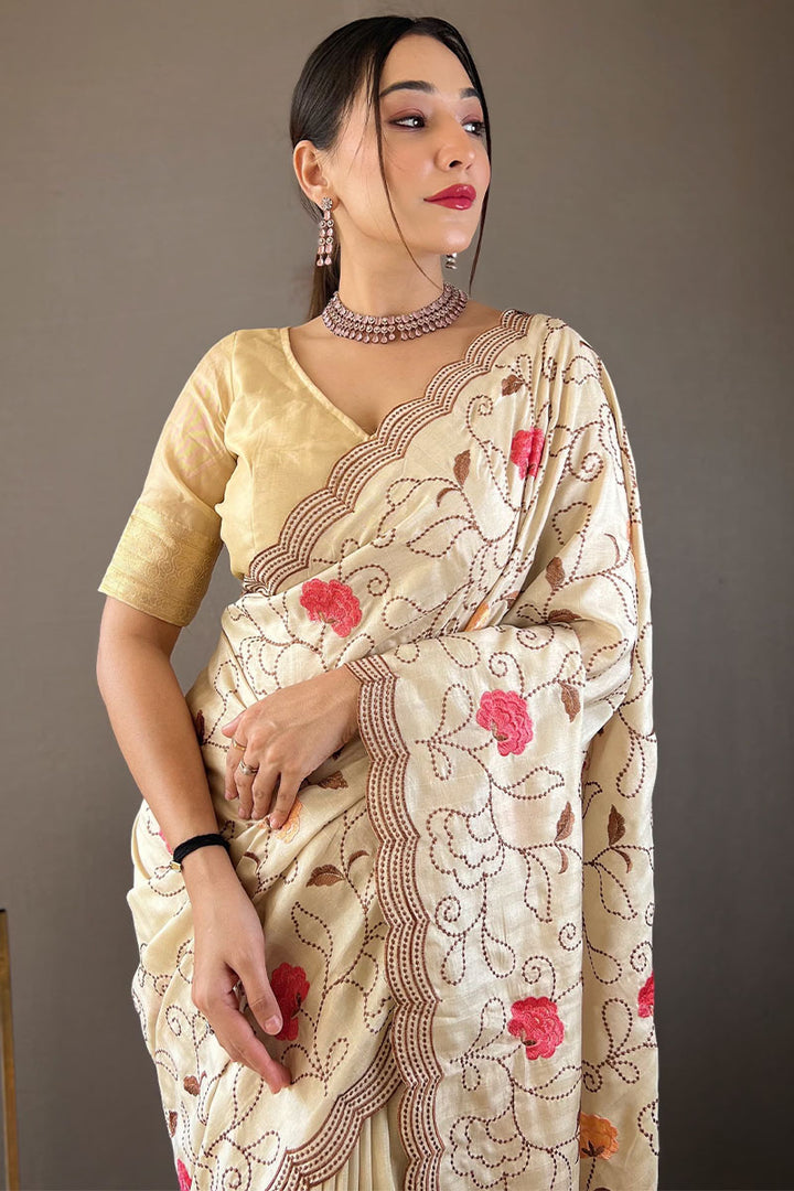 Maize Beige Embroidered Work Tussar Silk Saree