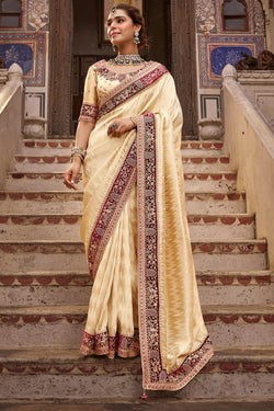 Maize Beige Hand Work Viscose Saree with Stiched Blouse