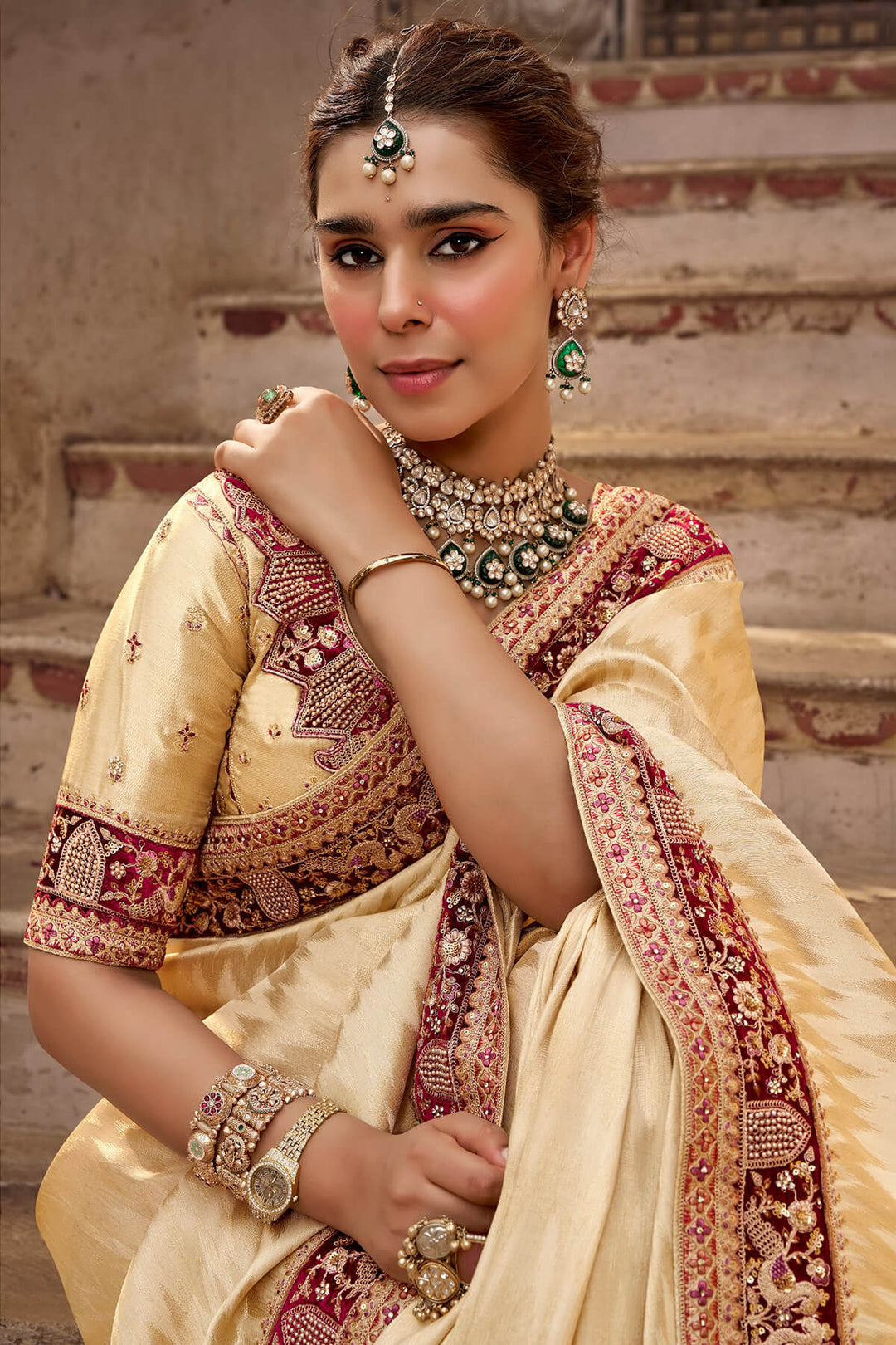 Maize Beige Hand Work Viscose Saree with Stiched Blouse