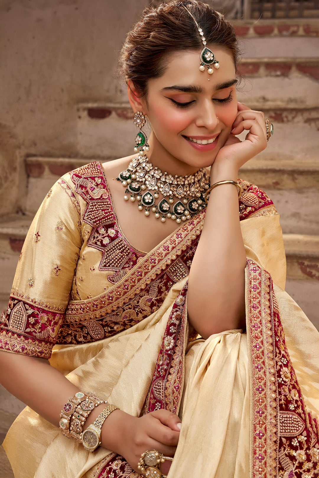 Maize Beige Hand Work Viscose Saree with Stiched Blouse