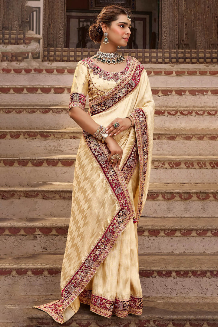 Maize Beige Hand Work Viscose Saree with Stiched Blouse