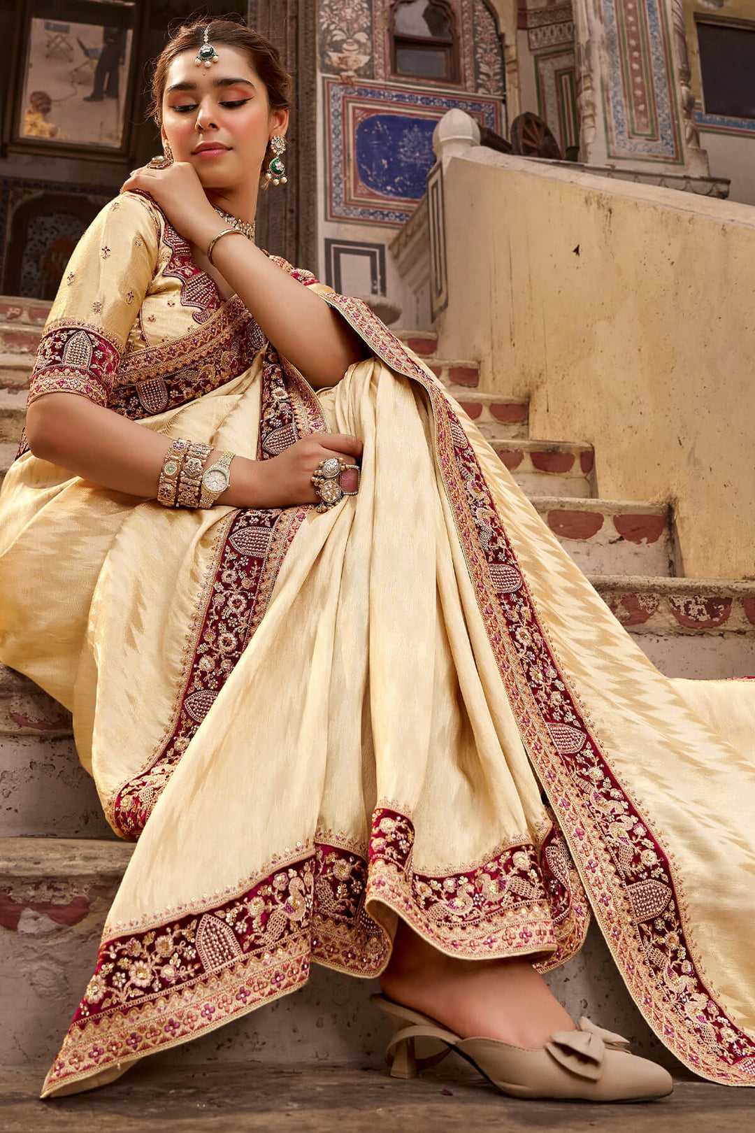 Maize Beige Hand Work Viscose Saree with Stiched Blouse