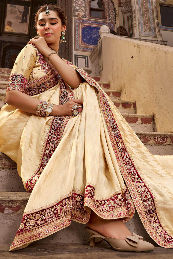 Maize Beige Hand Work Viscose Saree with Stiched Blouse