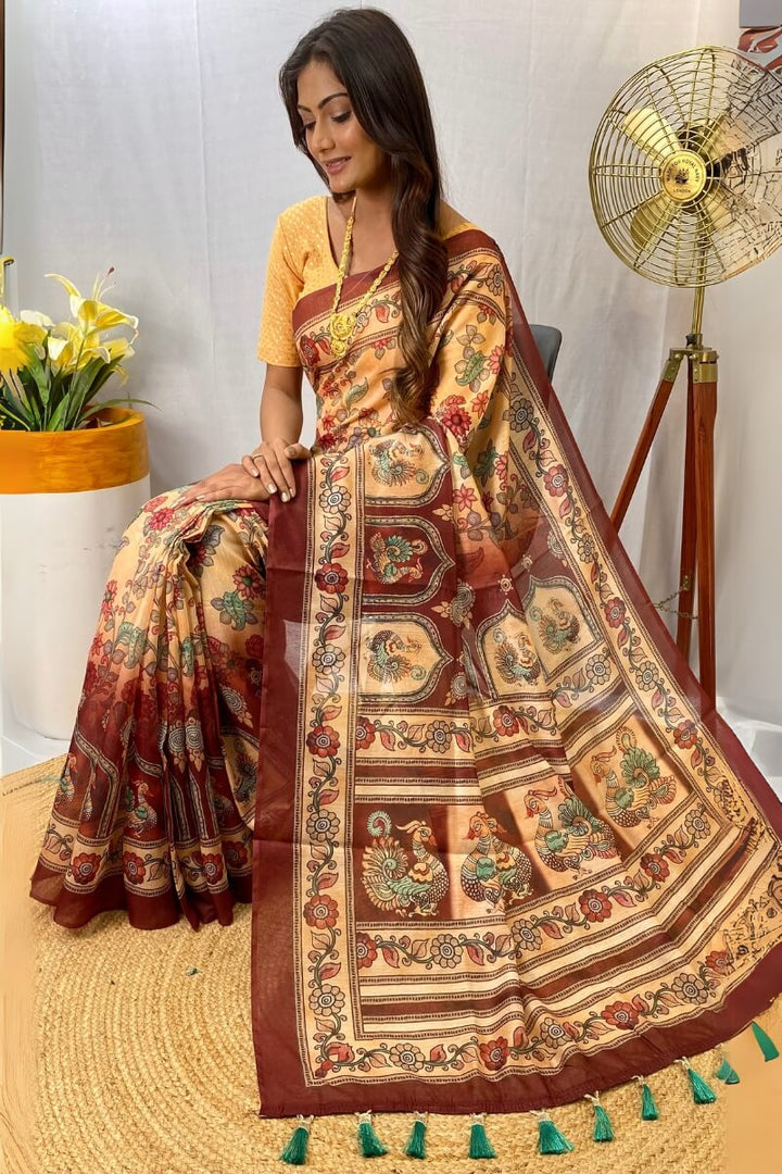 Maize Beige Kalamkari Printed Cotton Saree