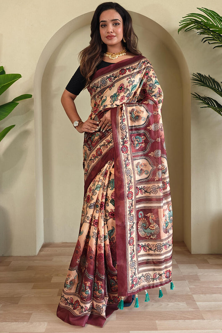Maize Beige Kalamkari Printed Cotton Saree
