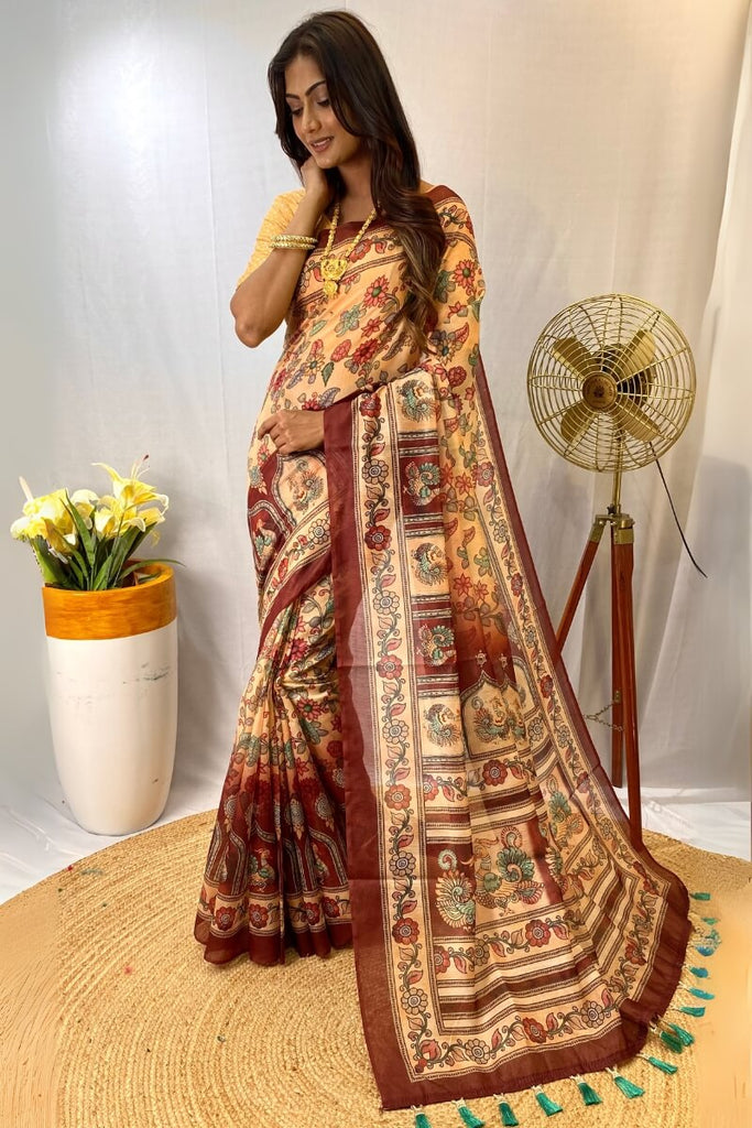 Maize Beige Kalamkari Printed Cotton Saree