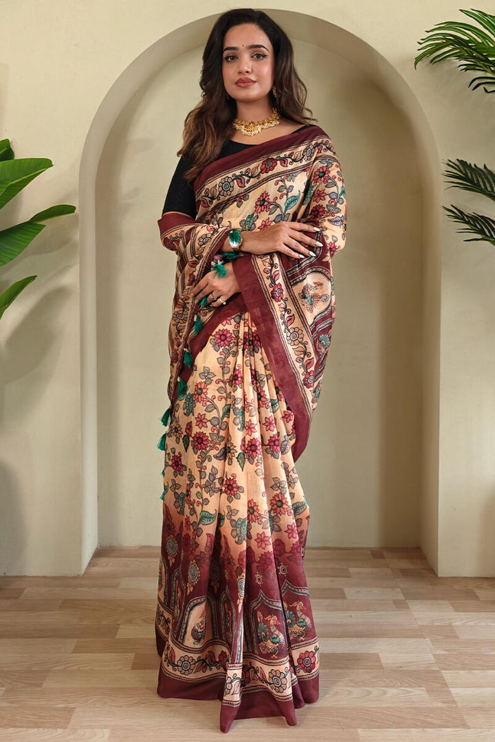 Maize Beige Kalamkari Printed Cotton Saree