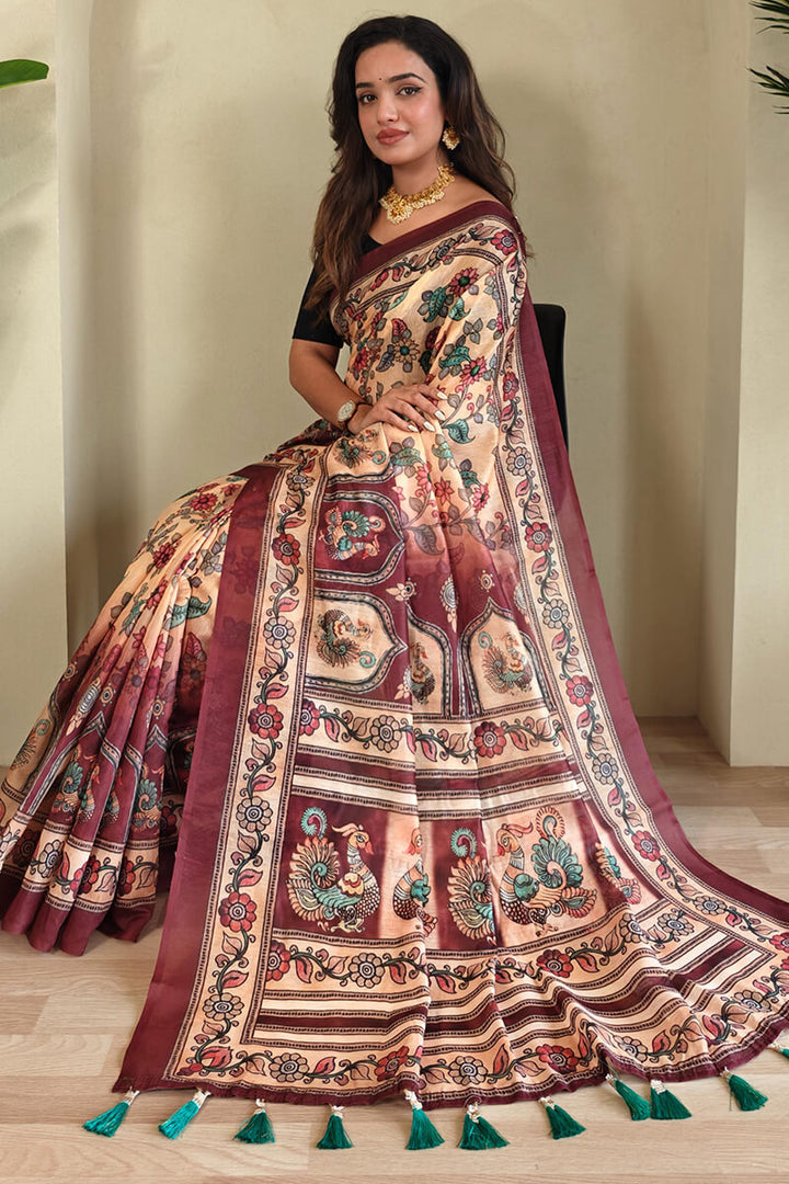 Maize Beige Kalamkari Printed Cotton Saree