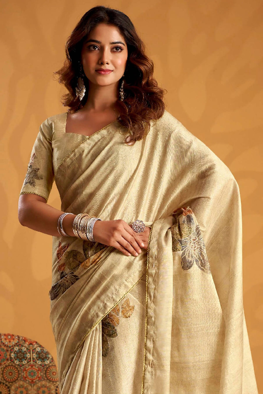 Maize Beige Kasheeda work Tussar Silk Saree