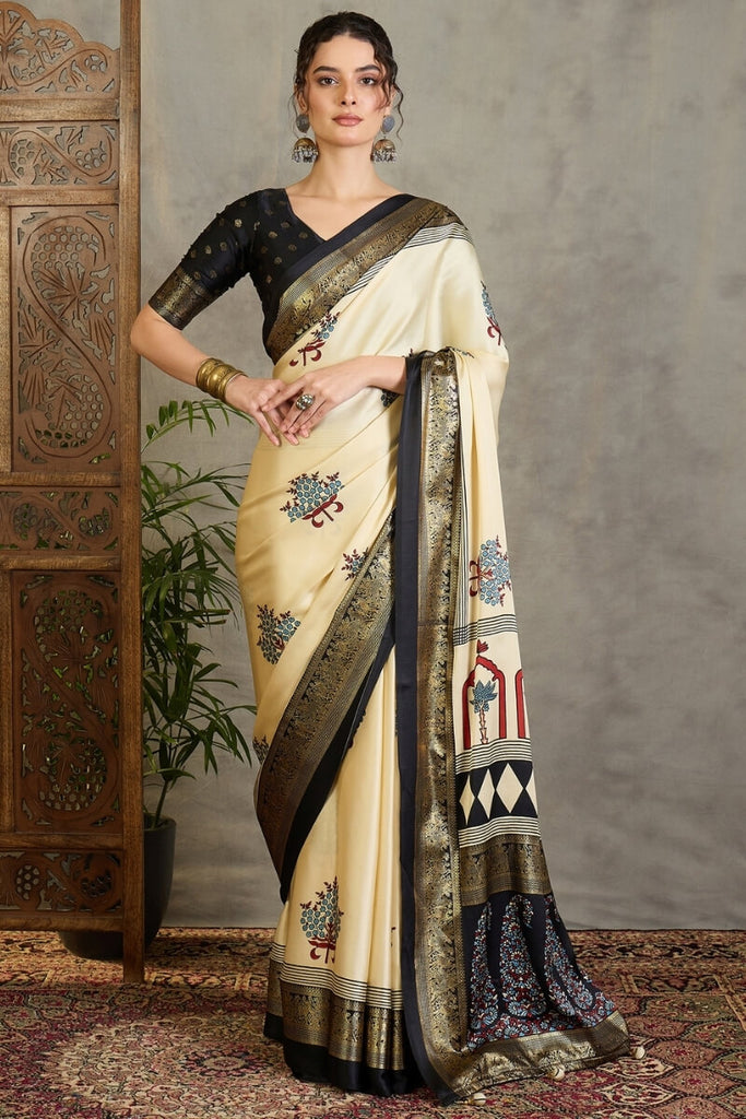 Maize Beige Printed Satin Silk Saree with Zari woven Border and Pallu