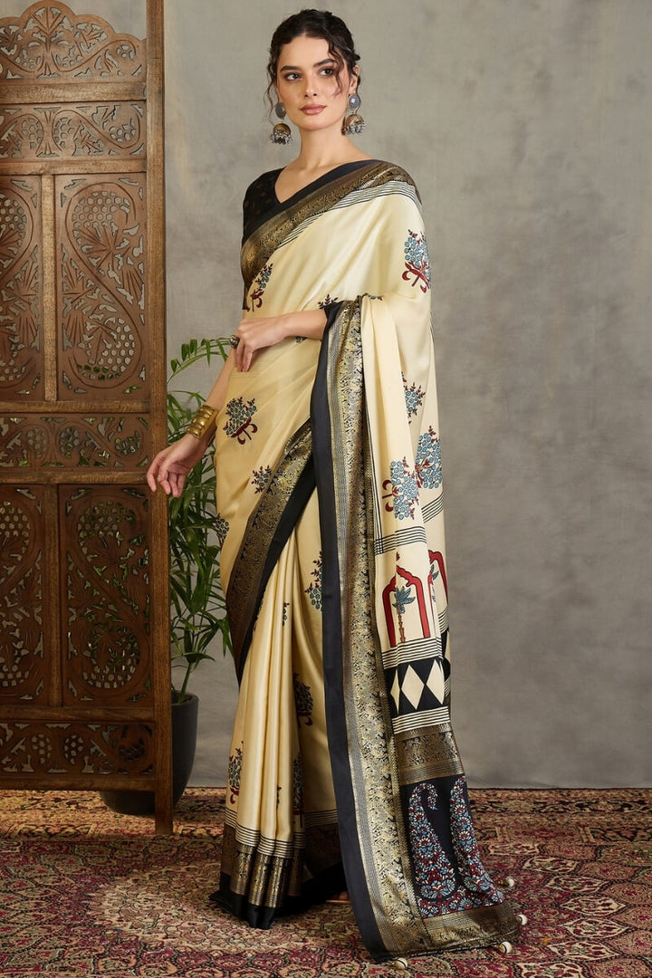 Maize Beige Printed Satin Silk Saree with Zari woven Border and Pallu