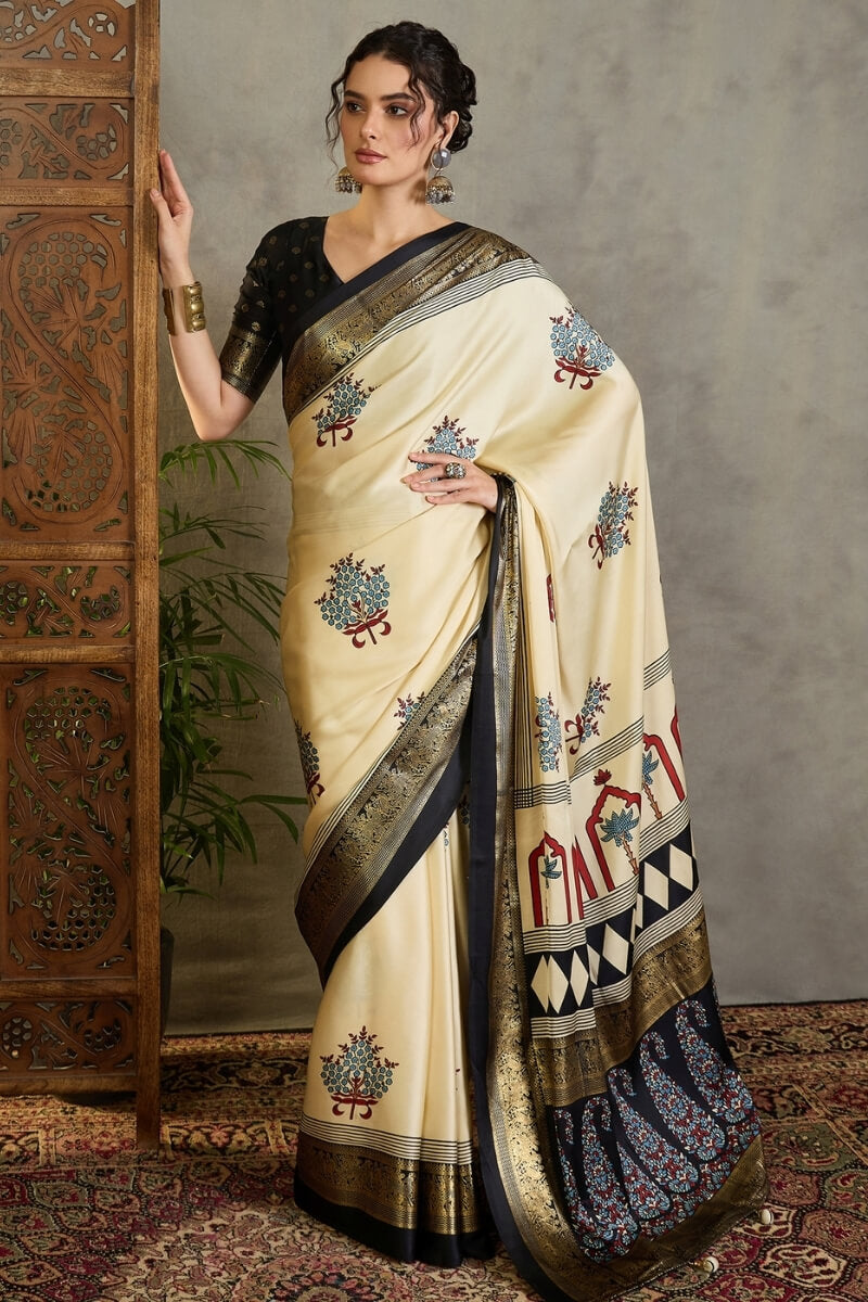Maize Beige Printed Satin Silk Saree with Zari woven Border and Pallu
