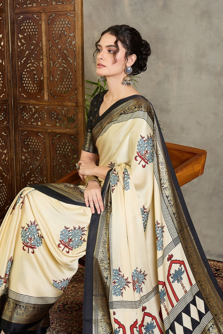 Maize Beige Printed Satin Silk Saree with Zari woven Border and Pallu