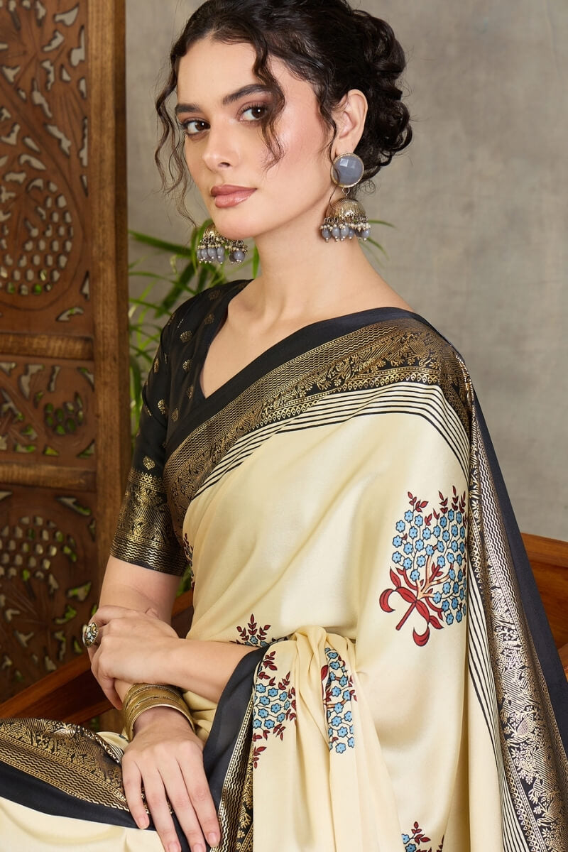 Maize Beige Printed Satin Silk Saree with Zari woven Border and Pallu