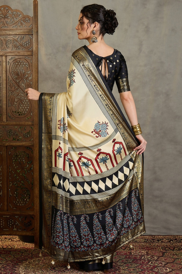 Maize Beige Printed Satin Silk Saree with Zari woven Border and Pallu