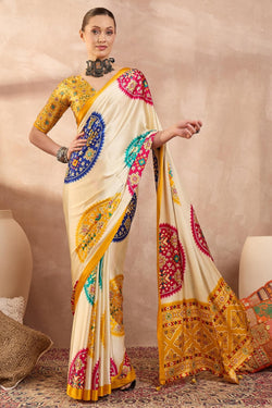 Maize Beige Printed Satin Silk Saree