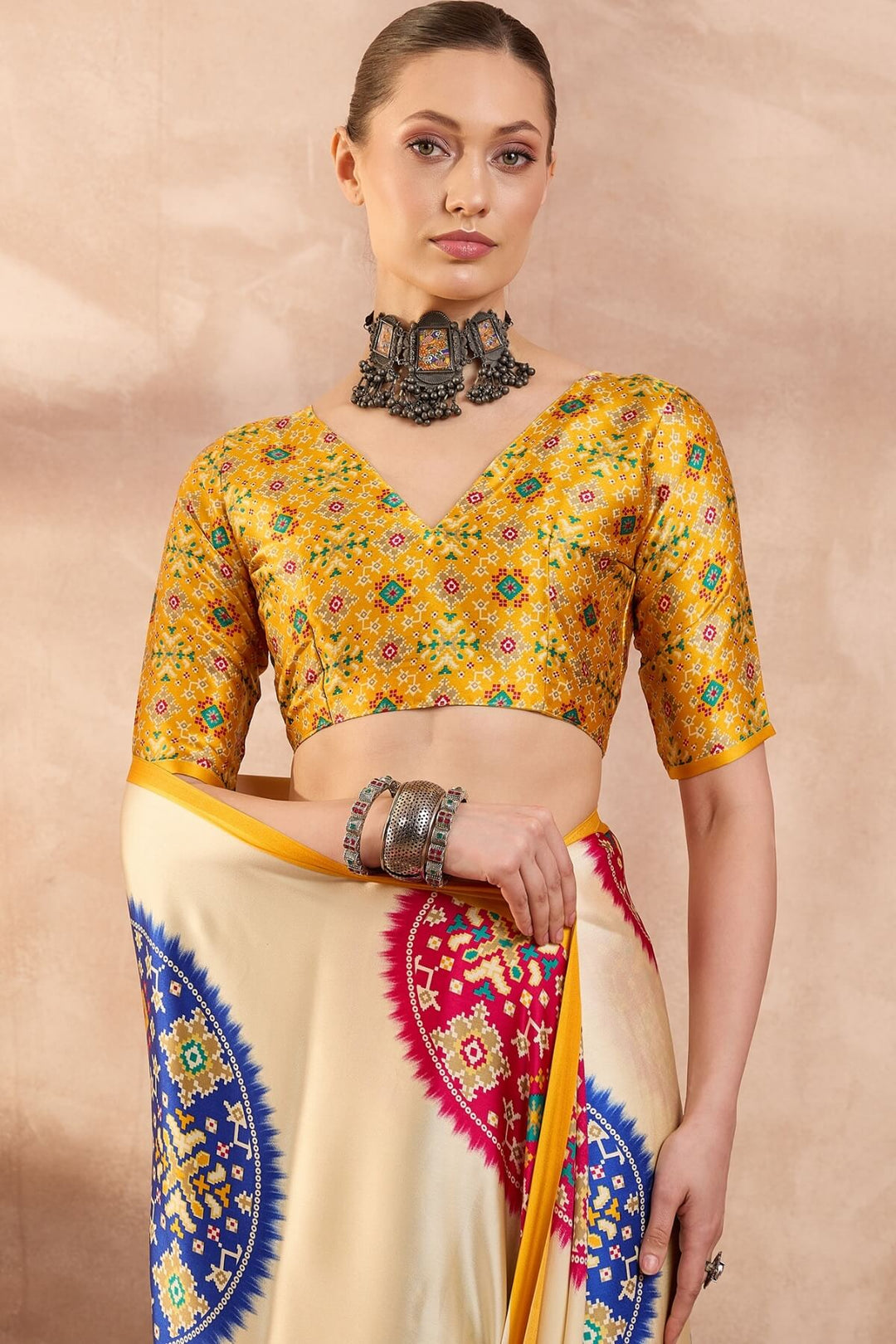 Maize Beige Printed Satin Silk Saree