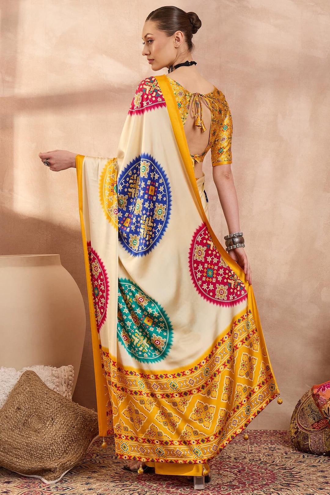 Maize Beige Printed Satin Silk Saree