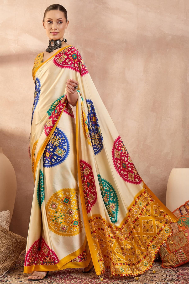 Maize Beige Printed Satin Silk Saree