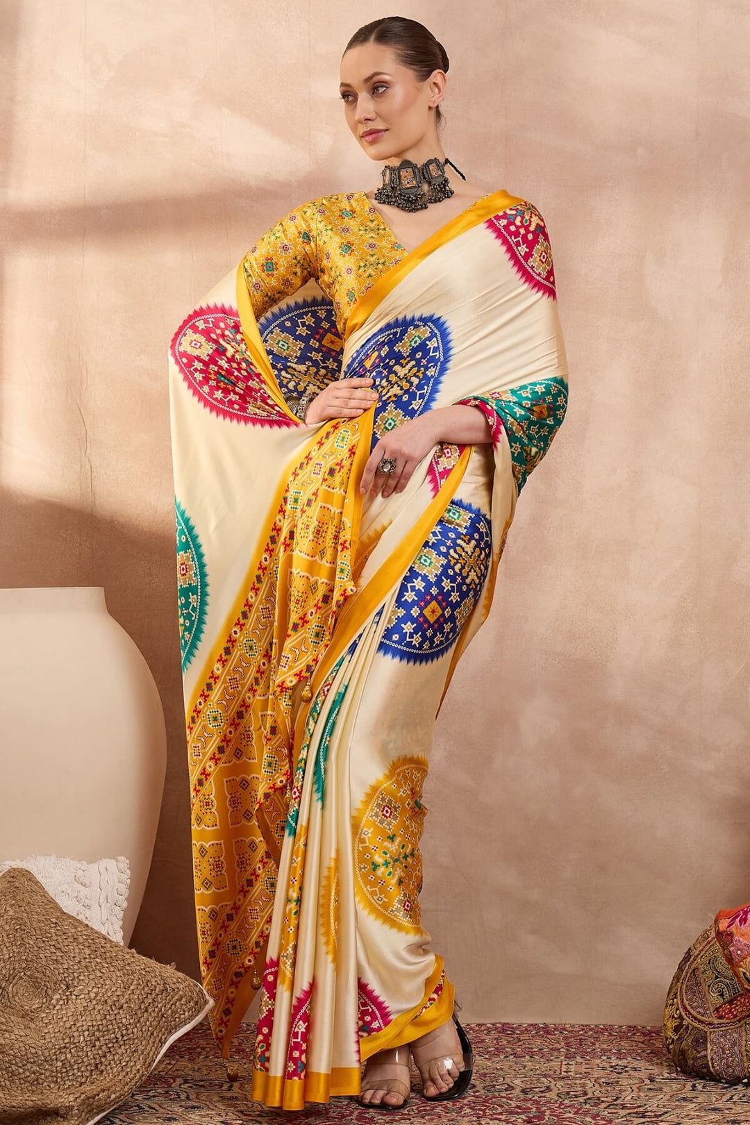 Maize Beige Printed Satin Silk Saree