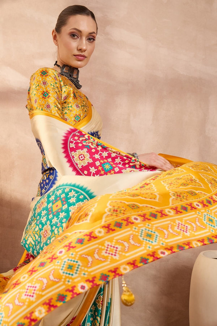 Maize Beige Printed Satin Silk Saree