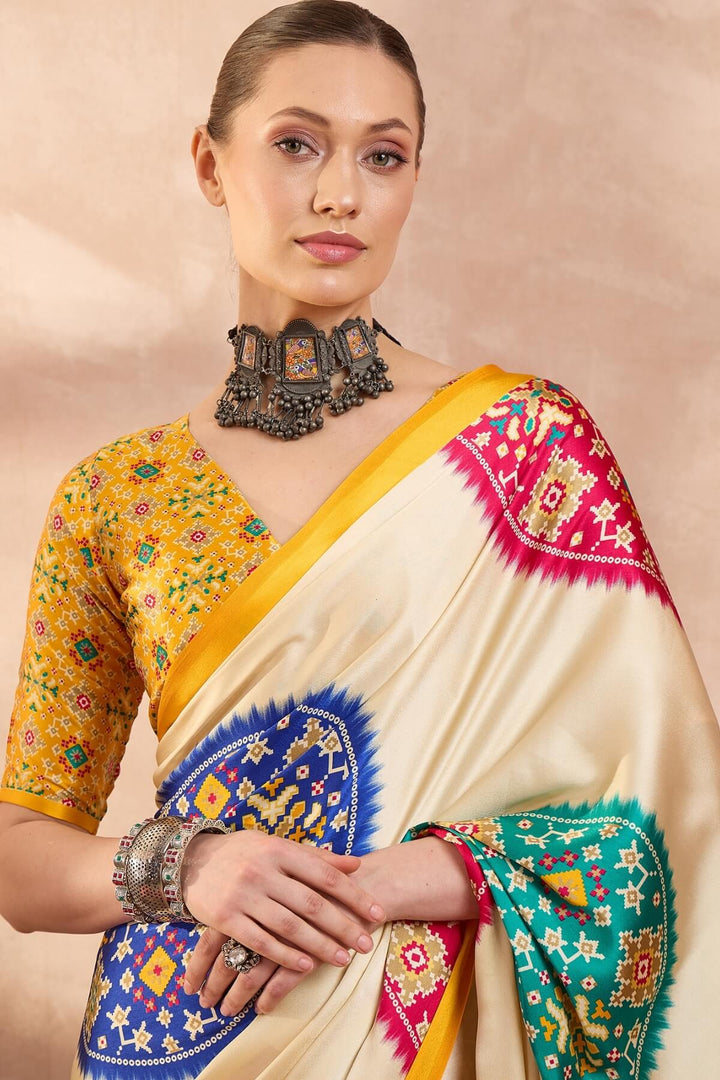 Maize Beige Printed Satin Silk Saree