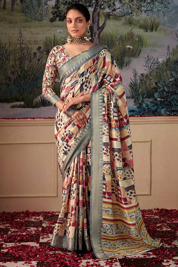 Maize Beige Printed Tussar Silk Saree