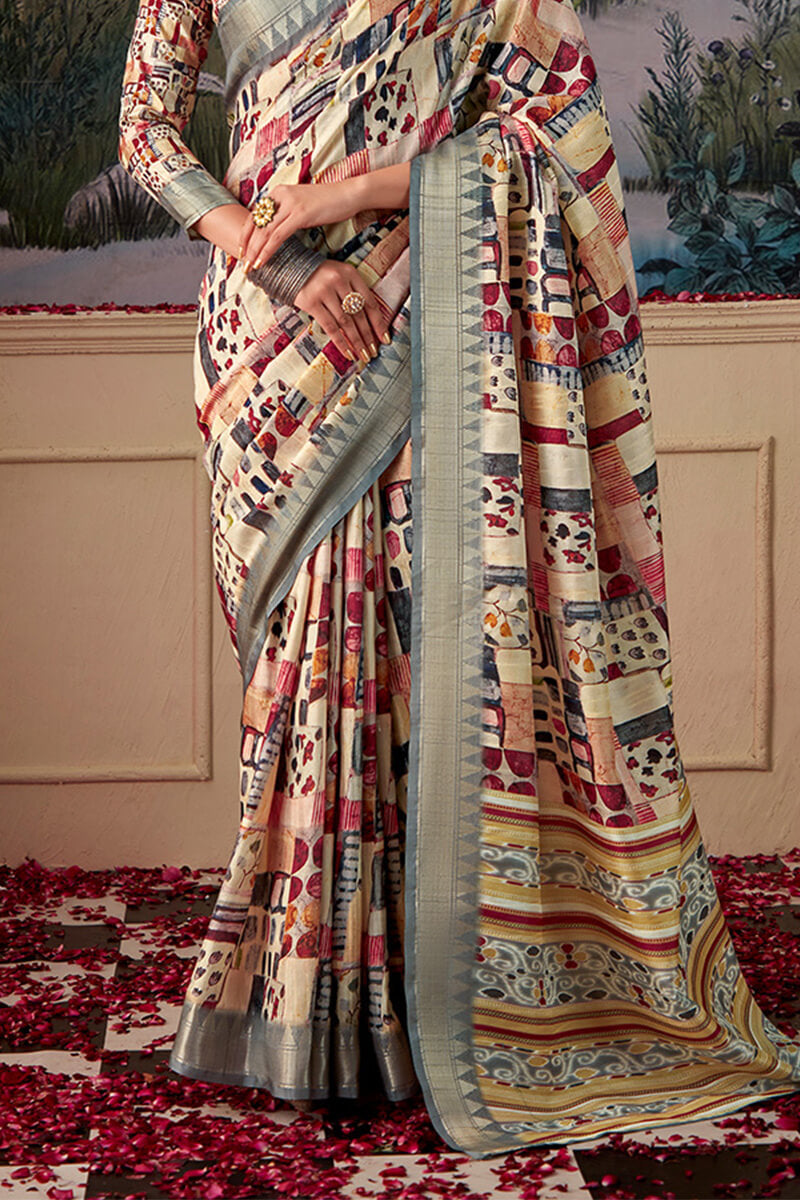 Maize Beige Printed Tussar Silk Saree