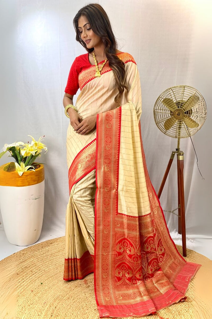 Maize Beige Zari Woven Banarasi Silk Saree