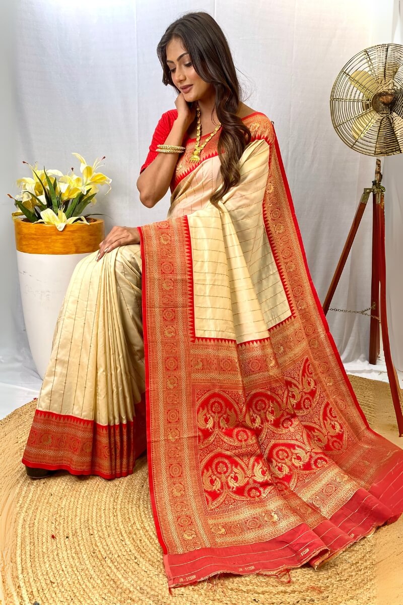 Maize Beige Zari Woven Banarasi Silk Saree