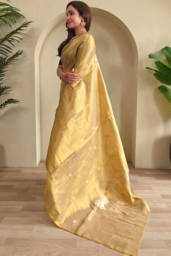 Maize Beige Zari woven Banarasi Tissue Silk Saree