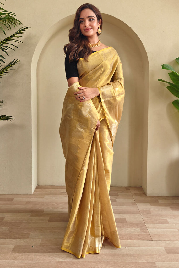 Maize Beige Zari woven Banarasi Tissue Silk Saree