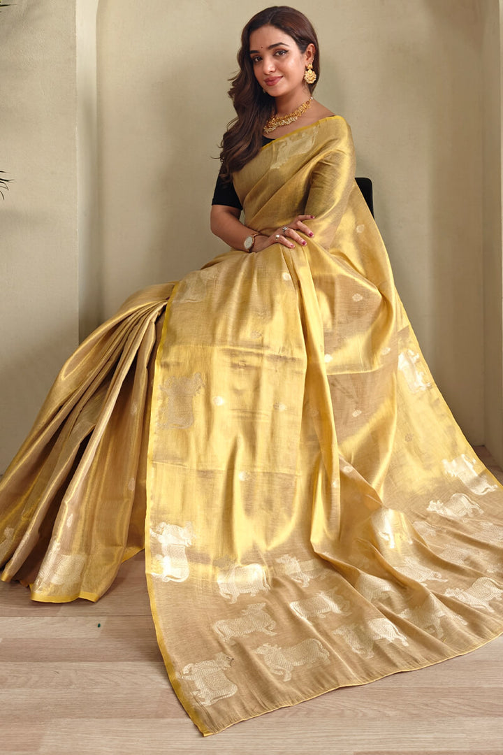 Maize Beige Zari woven Banarasi Tissue Silk Saree