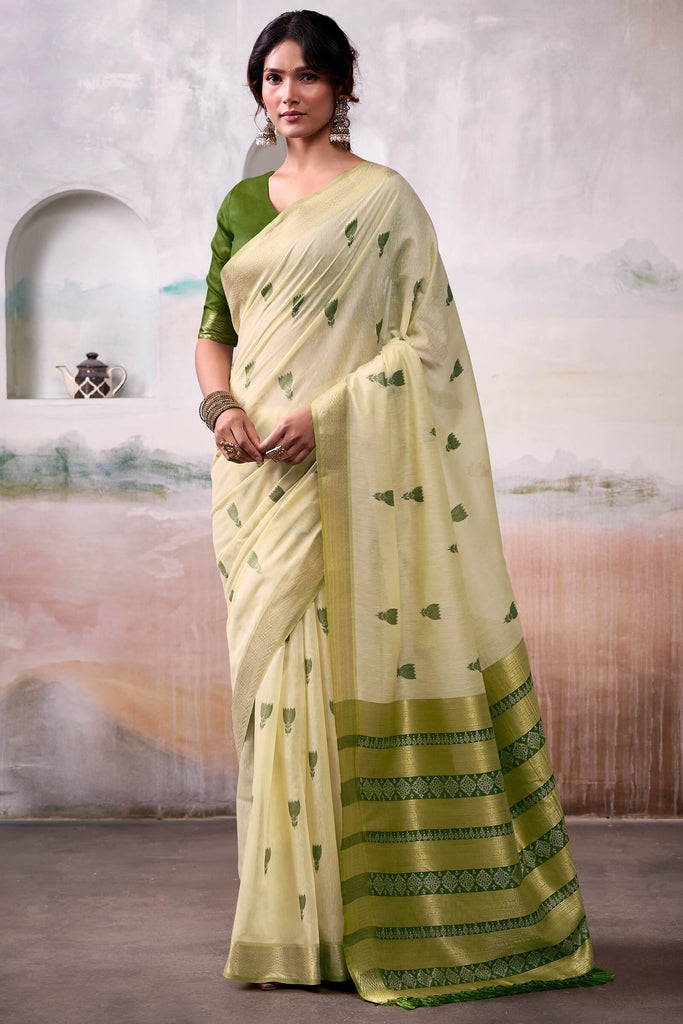 Maize Beige Zari Woven Cotton Silk Saree