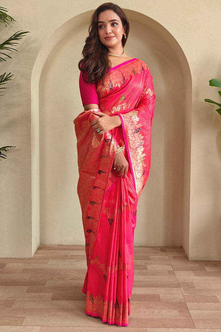 Mandy Pink Zari Wiven Banarasi Satin Silk Saree