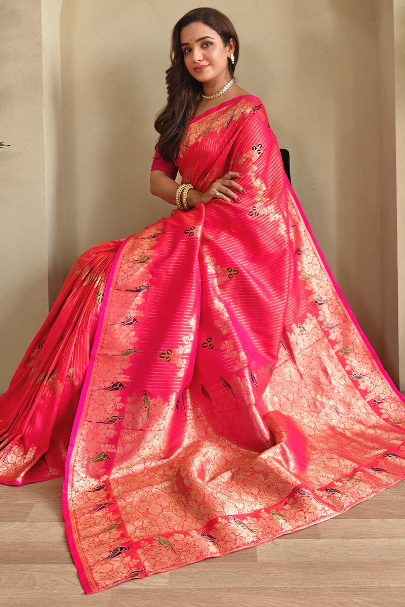 Mandy Pink Zari Wiven Banarasi Satin Silk Saree