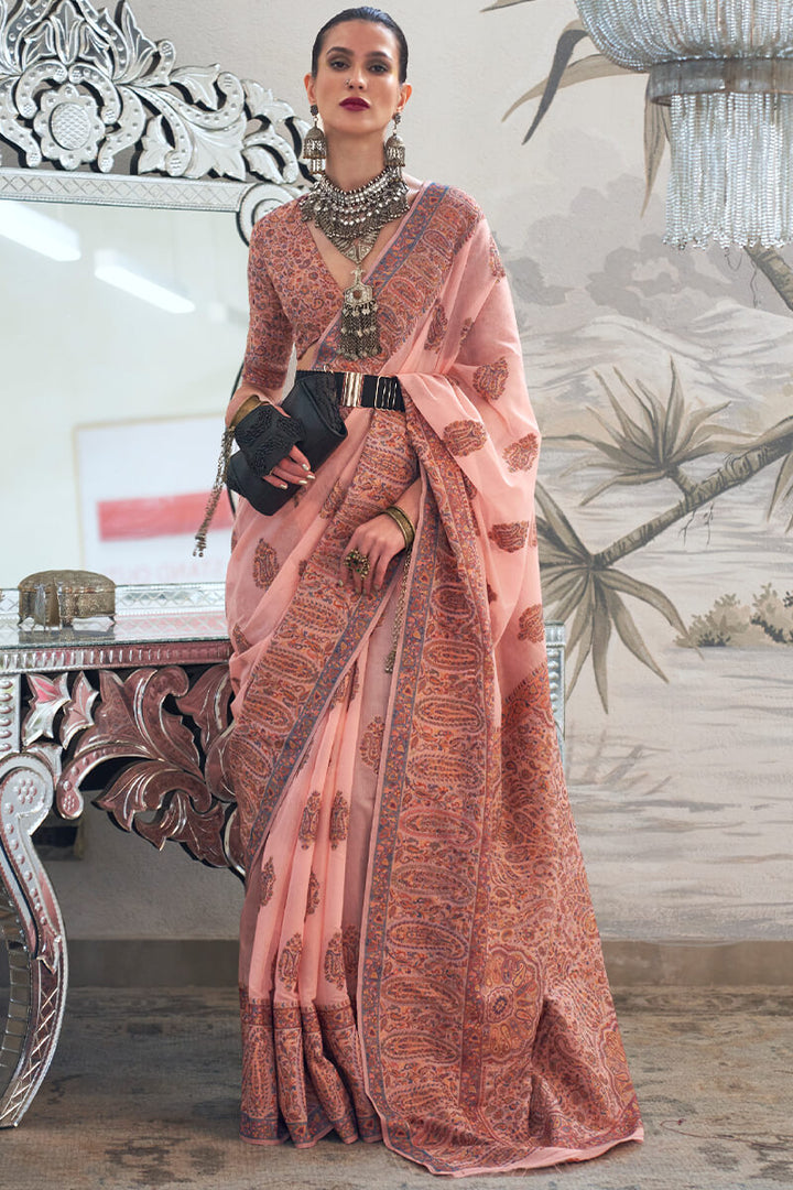 Mandys Pink Kashmiri Modal Pashmina Silk Saree