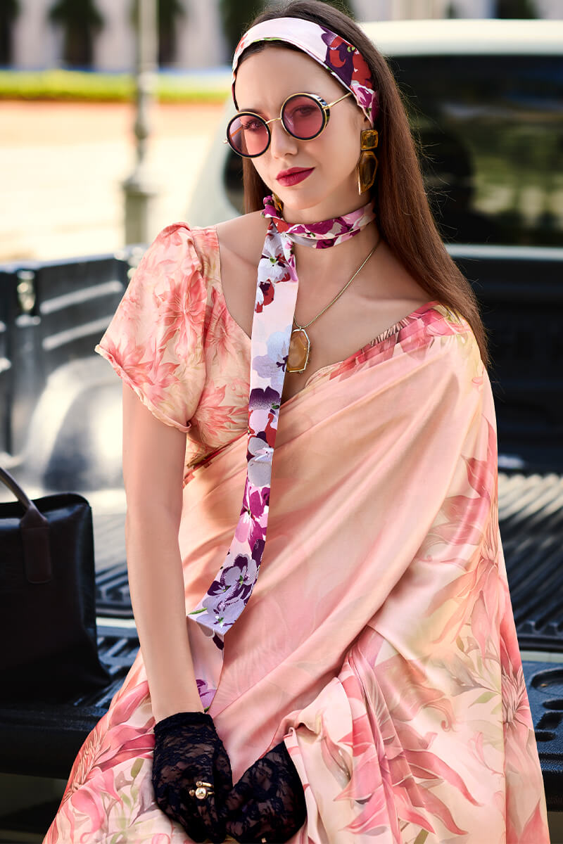 Mandys Pink Printed Satin Crepe Silk Saree