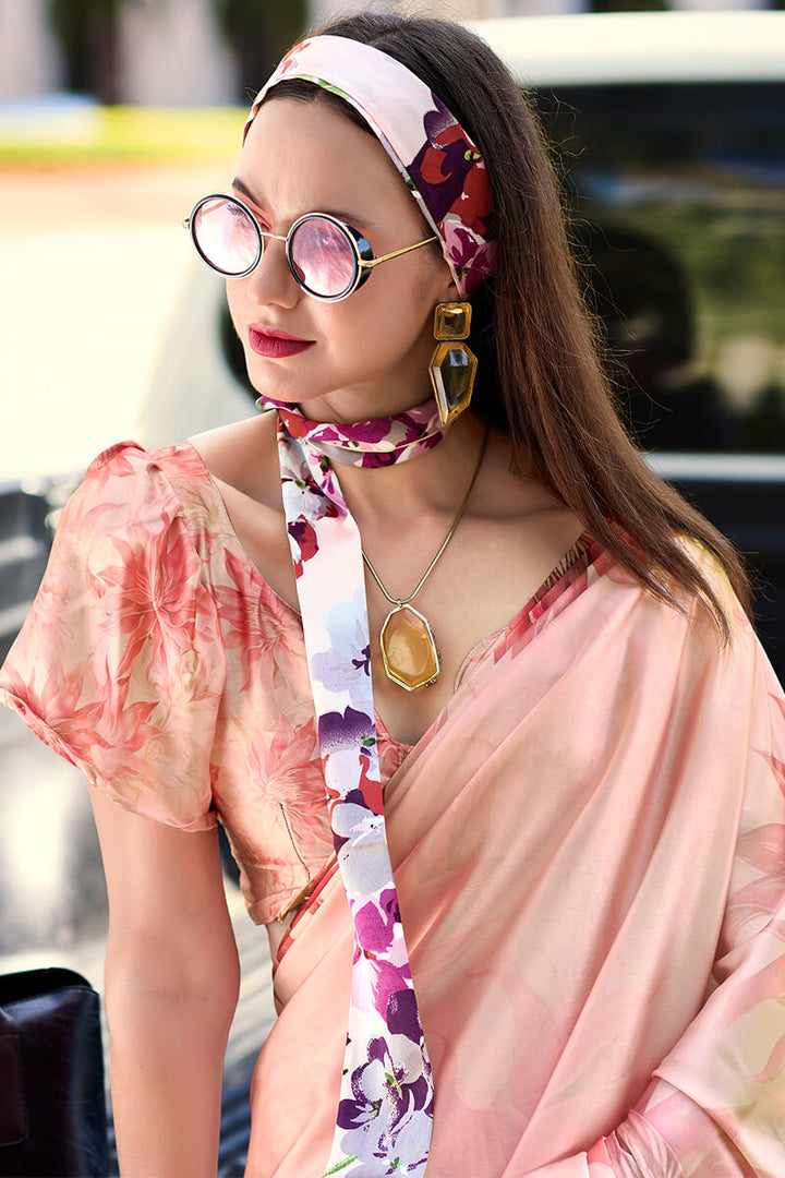 Mandys Pink Printed Satin Crepe Silk Saree