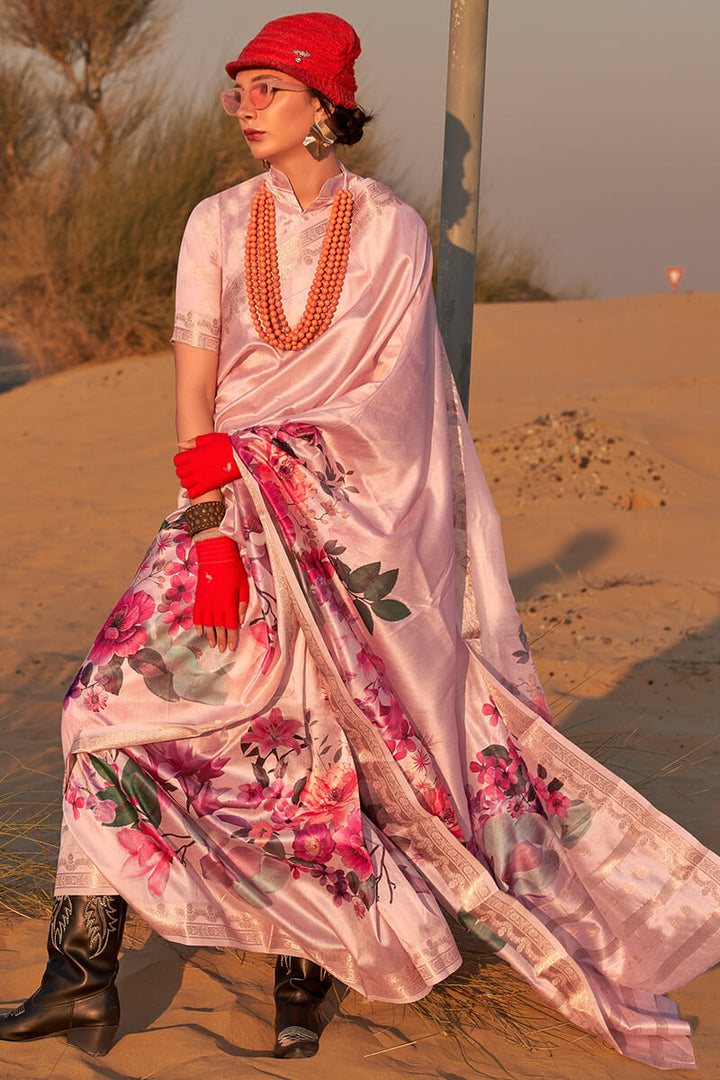 Mandys Pink Printed Tussar Silk Saree