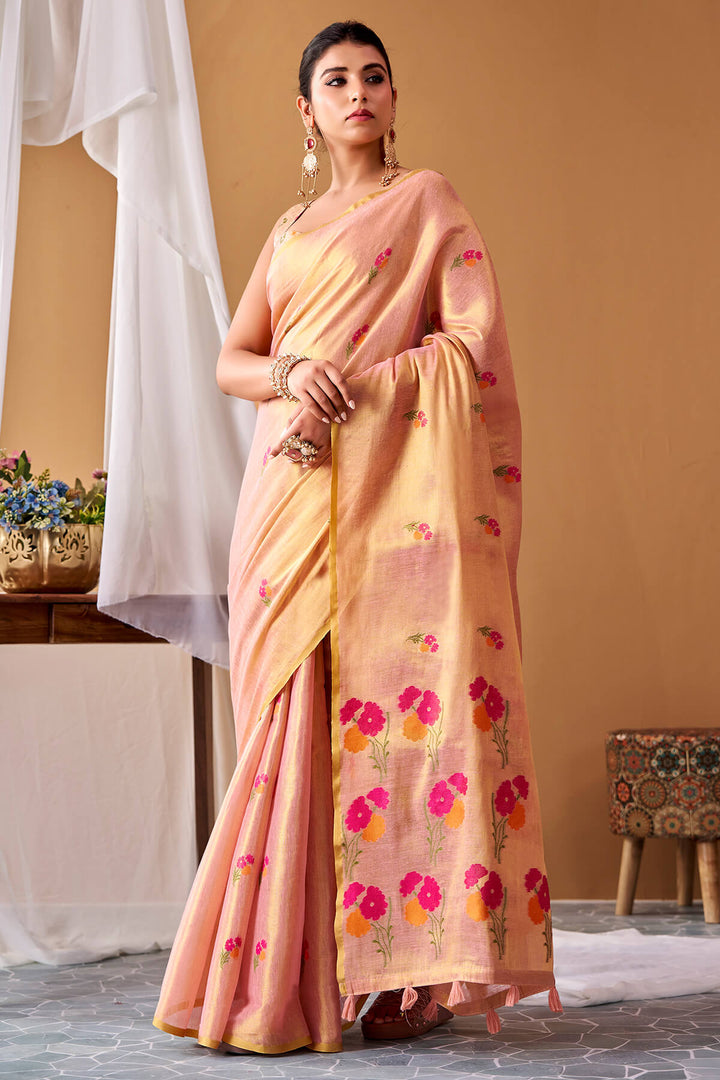 Mandys Pink Zari Woven Banarasi Tissue Silk Saree