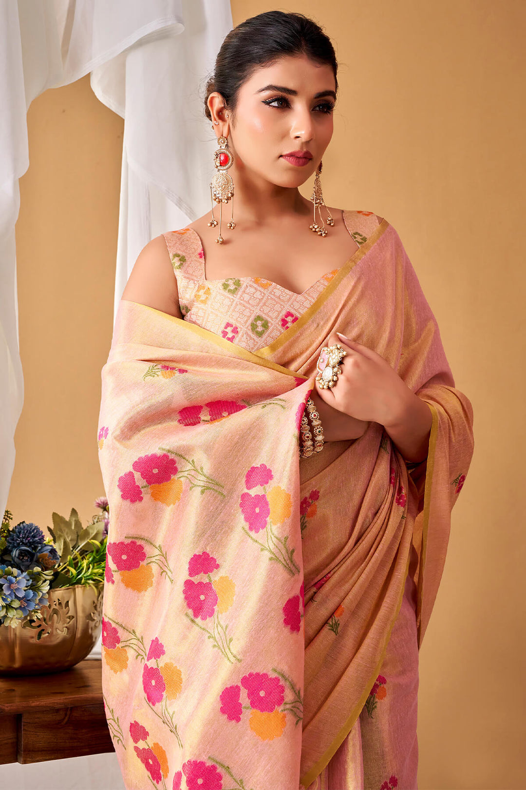 Mandys Pink Zari Woven Banarasi Tissue Silk Saree