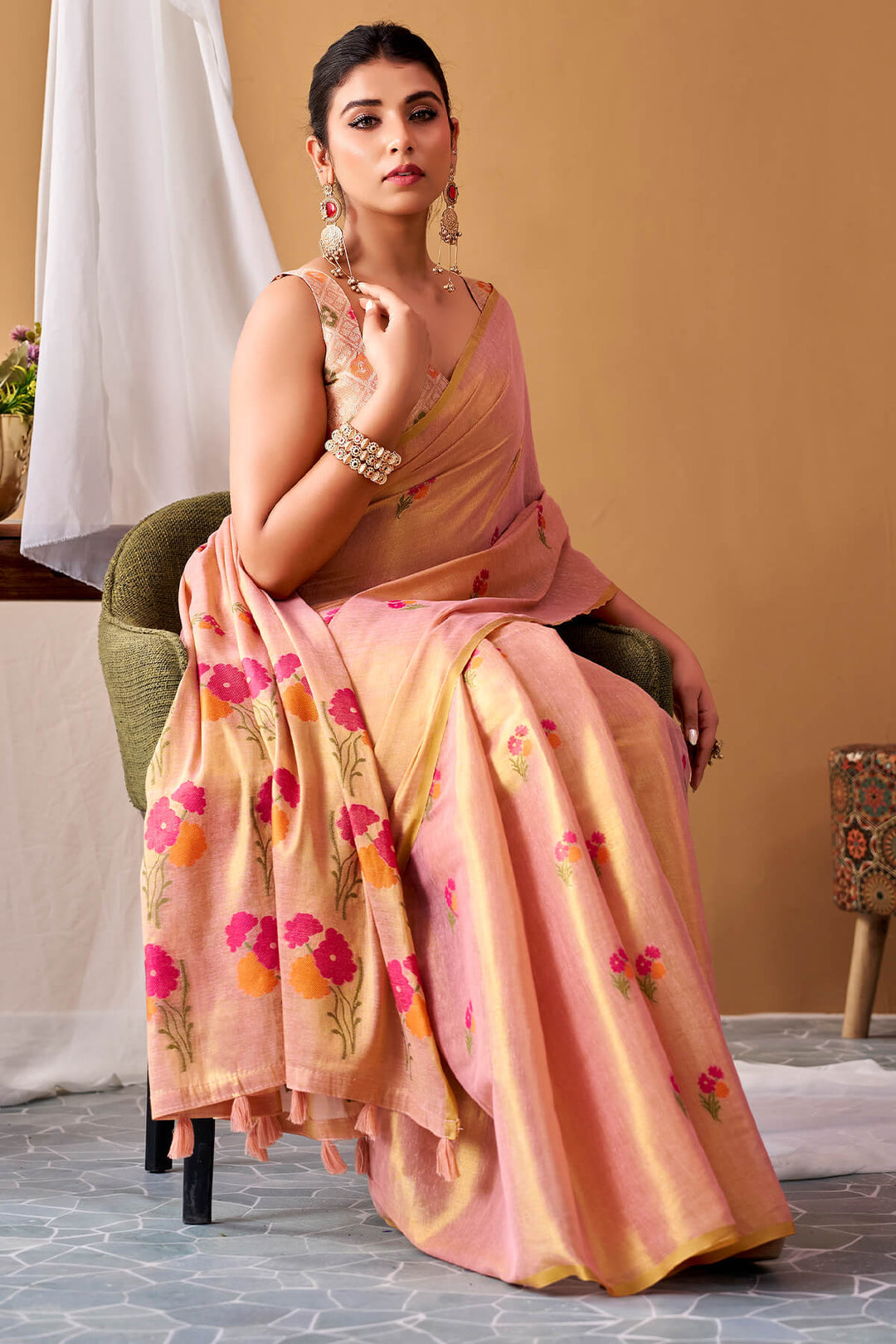 Mandys Pink Zari Woven Banarasi Tissue Silk Saree