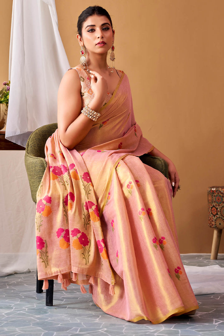 Mandys Pink Zari Woven Banarasi Tissue Silk Saree